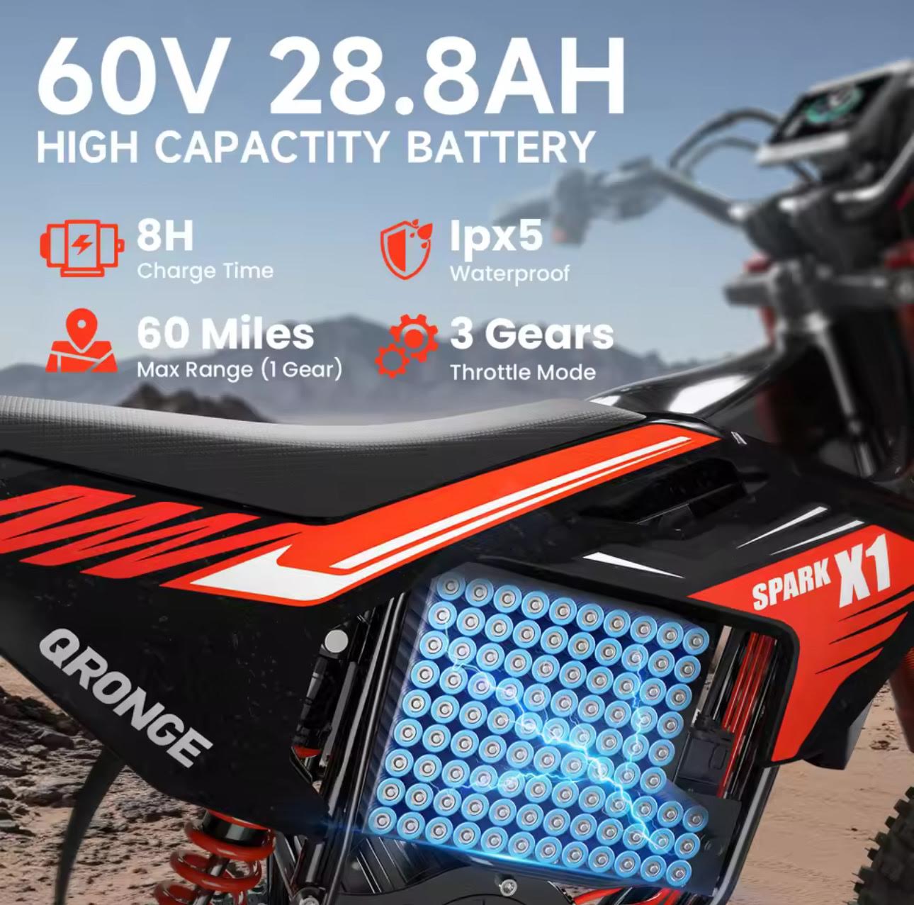 QRONGE X1 SPARK 60V 28.8AH 50MPH 60 MILES RANGE EBIKE FOR ADULTS AND TEENS